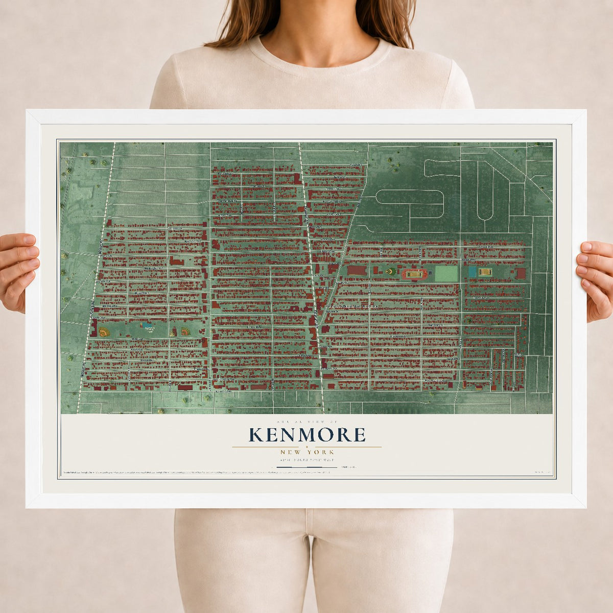 Kenmore, New York map print, 18" x 24" W/ White Ayous Wood Frame mockup