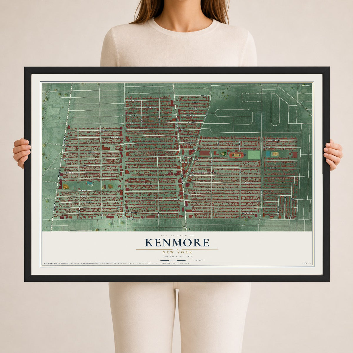 Kenmore, New York map print, 24" x 36" W/ Black Ayous Wood Frame mockup