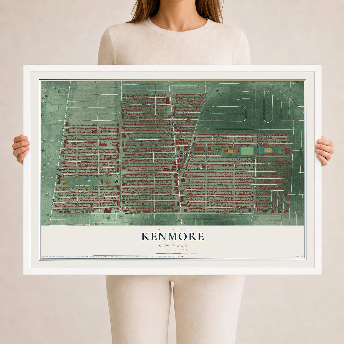 Kenmore, New York map print, 24" x 36" W/ White Ayous Wood Frame mockup
