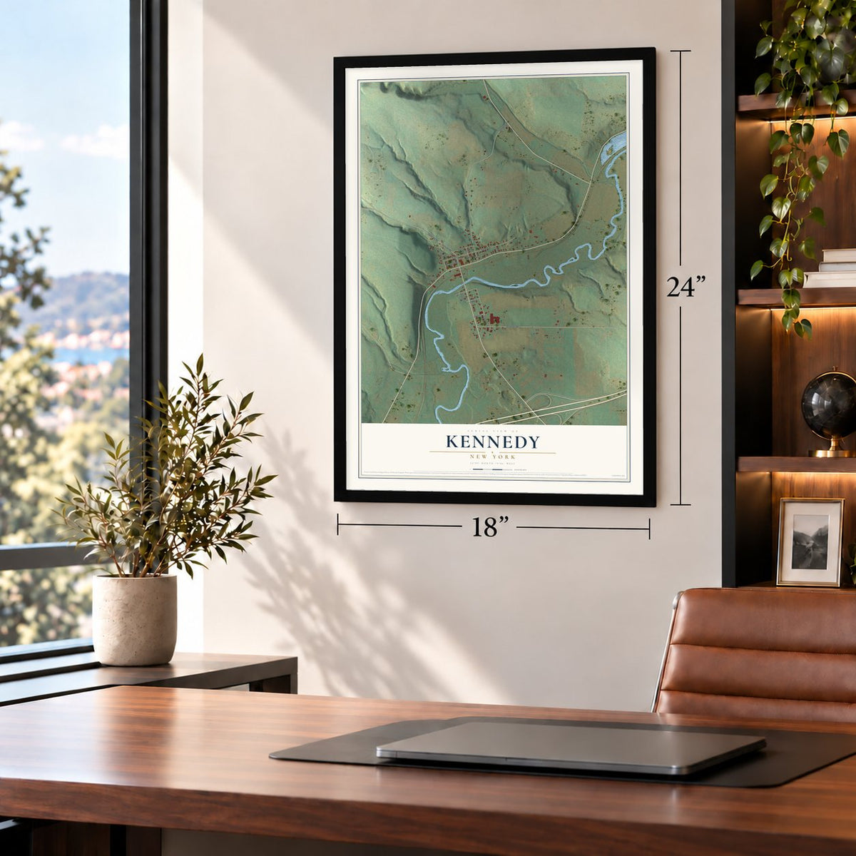 Kennedy, New York map, 18 x 24 inch print in a black frame in a home office