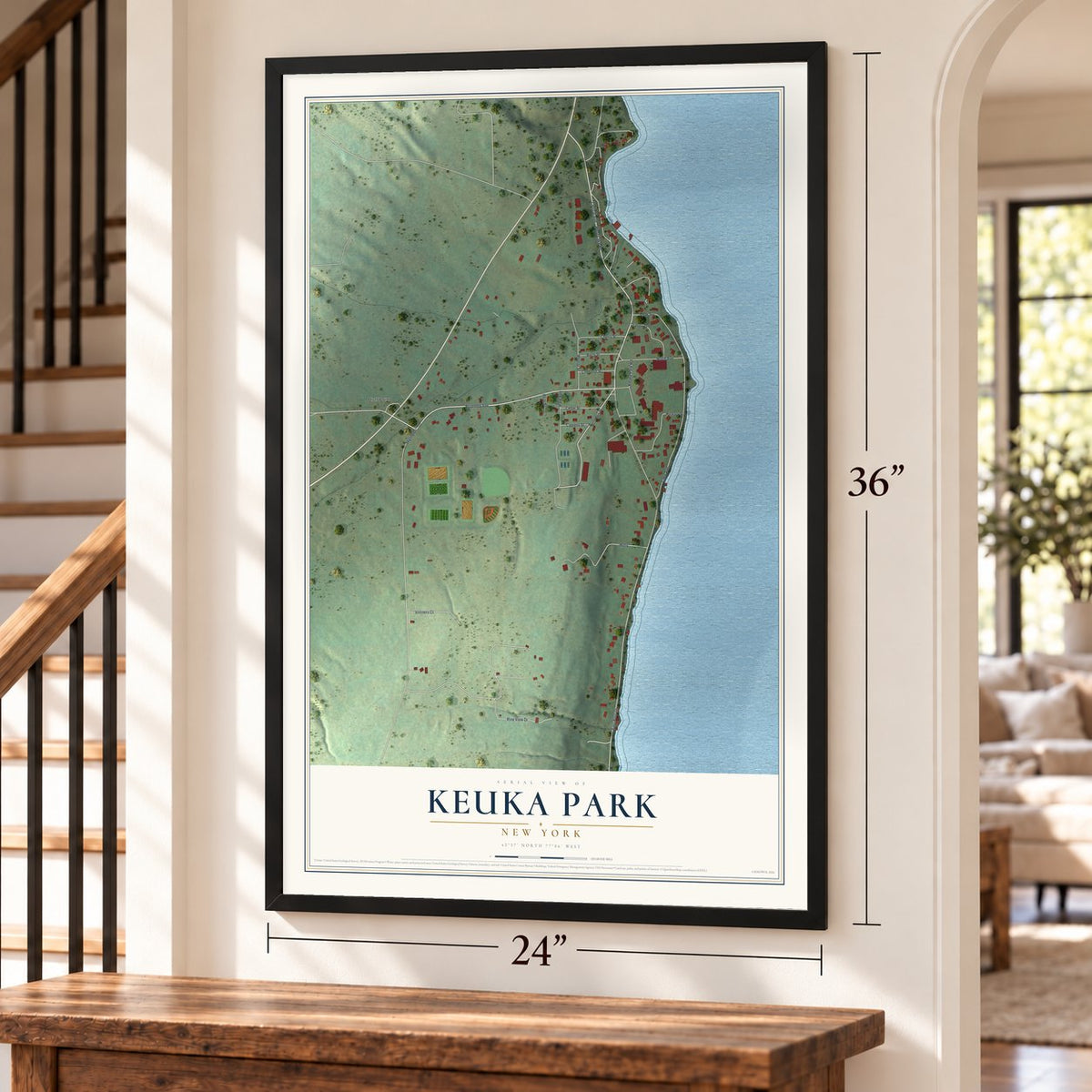 Keuka Park, New York map, 24 x 36 inch print in a black frame by a staircase