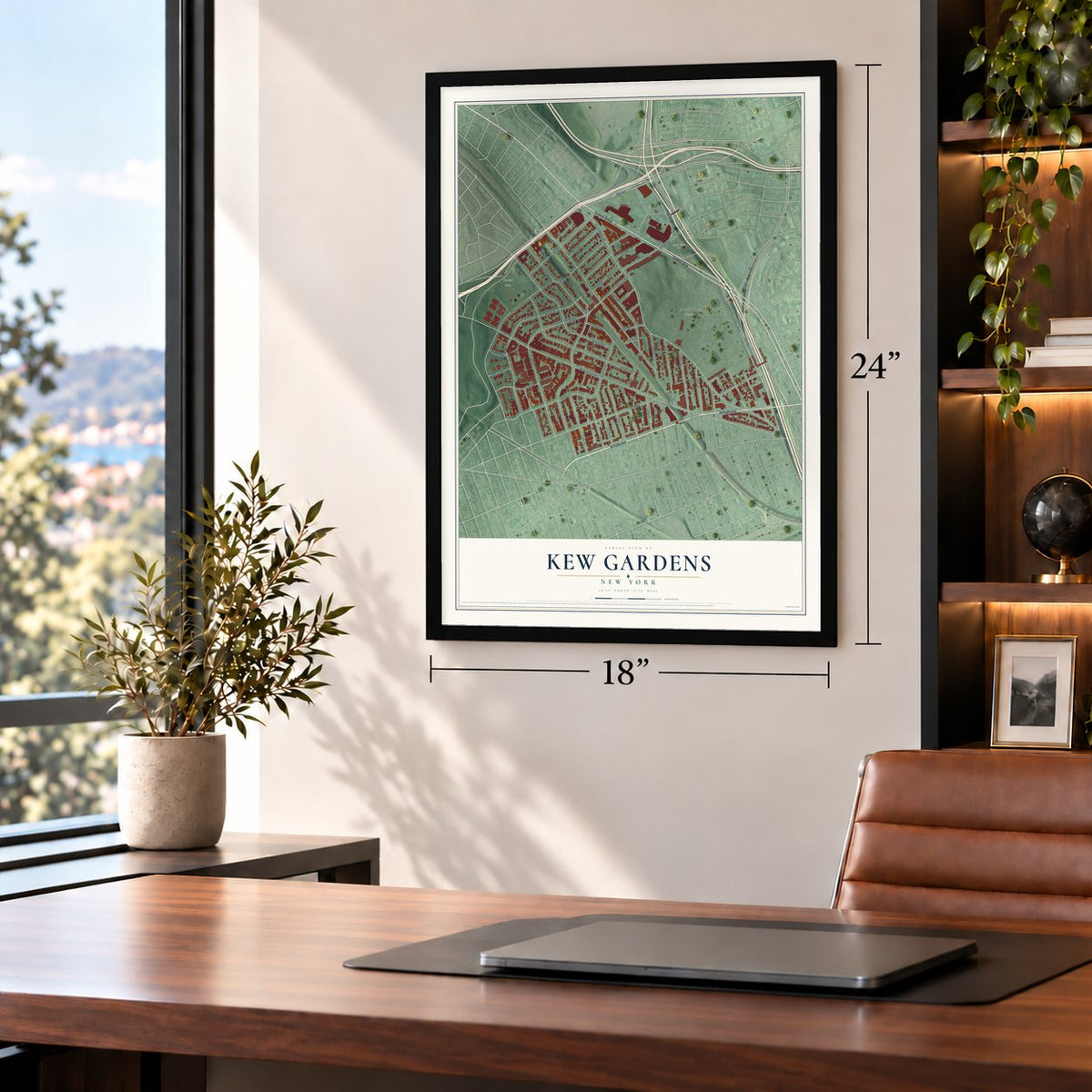 Kew Gardens, New York map, 18 x 24 inch print in a black frame in a home office
