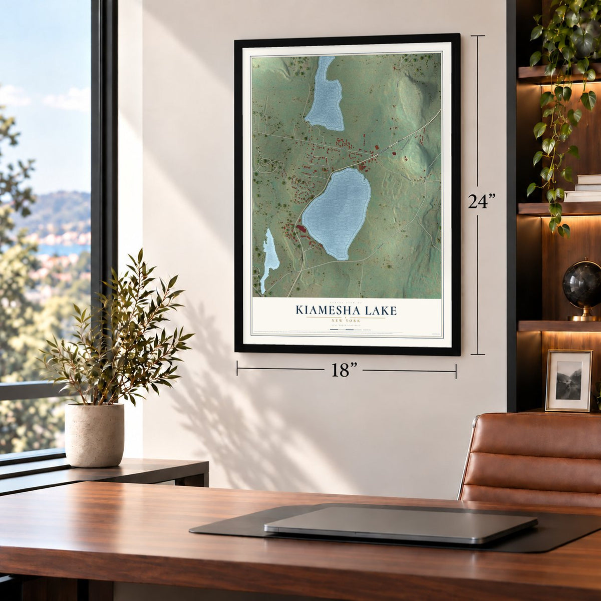 Kiamesha Lake, New York map, 18 x 24 inch print in a black frame in a home office
