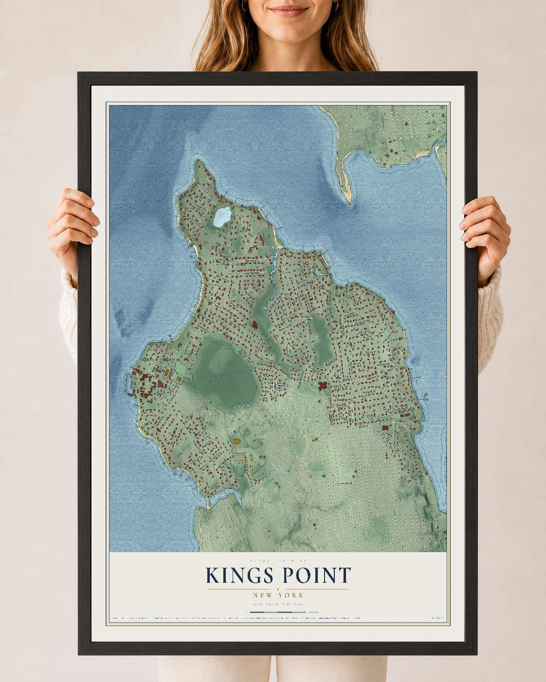 Kings Point, New York map print, 24" x 36" W/ Black Ayous Wood Frame mockup