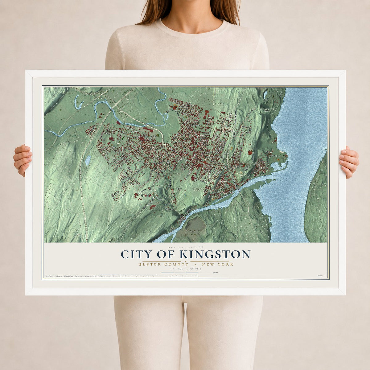 Map of the City of Kingston, Ulster County, New York, 24 x 36 inch print in a white wood frame