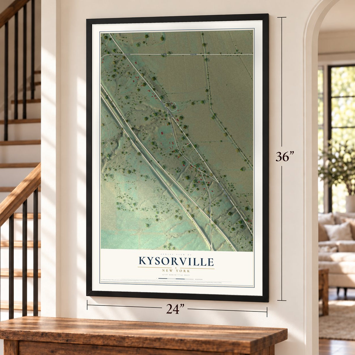 Kysorville, New York map, 24 x 36 inch print in a black frame by a staircase
