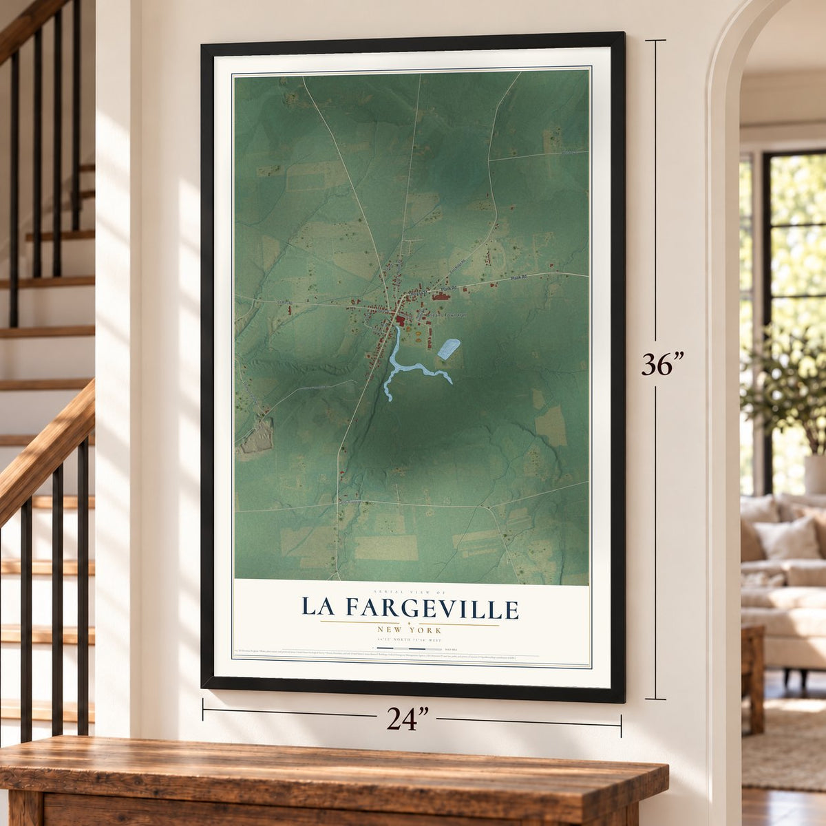 La Fargeville, New York map, 24 x 36 inch print in a black frame by a staircase