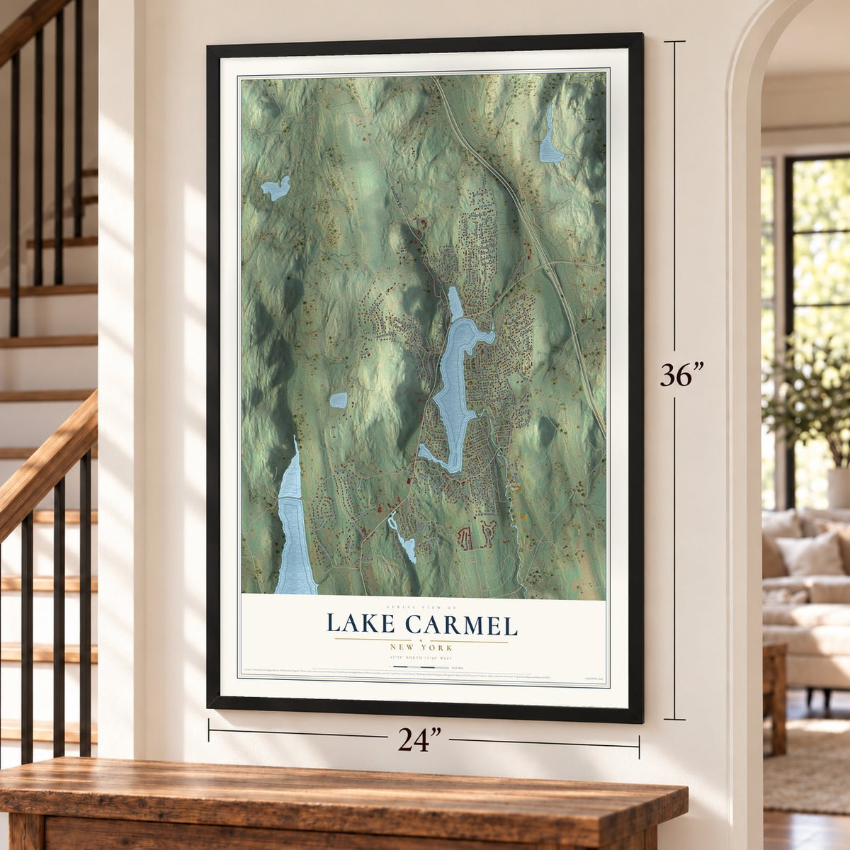 Lake Carmel, New York map, 24 x 36 inch print in a black frame by a staircase