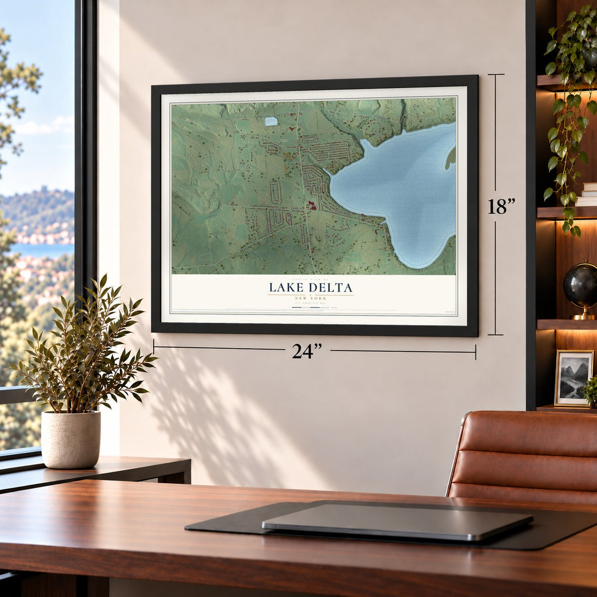 Lake Delta, New York map, 18 x 24 inch print in a black frame in a home office