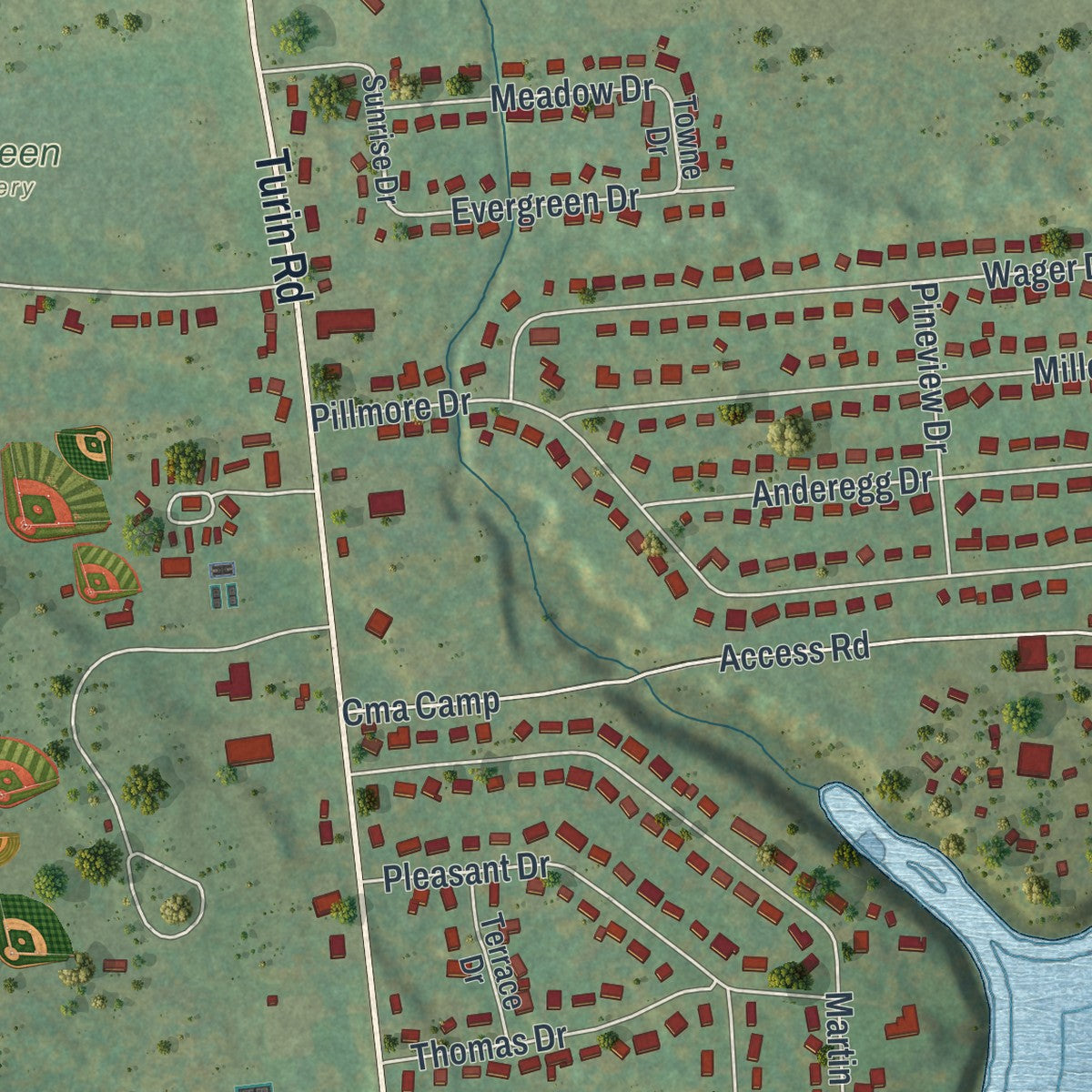Close-up of the map of Lake Delta, New York print showing street and building detail
