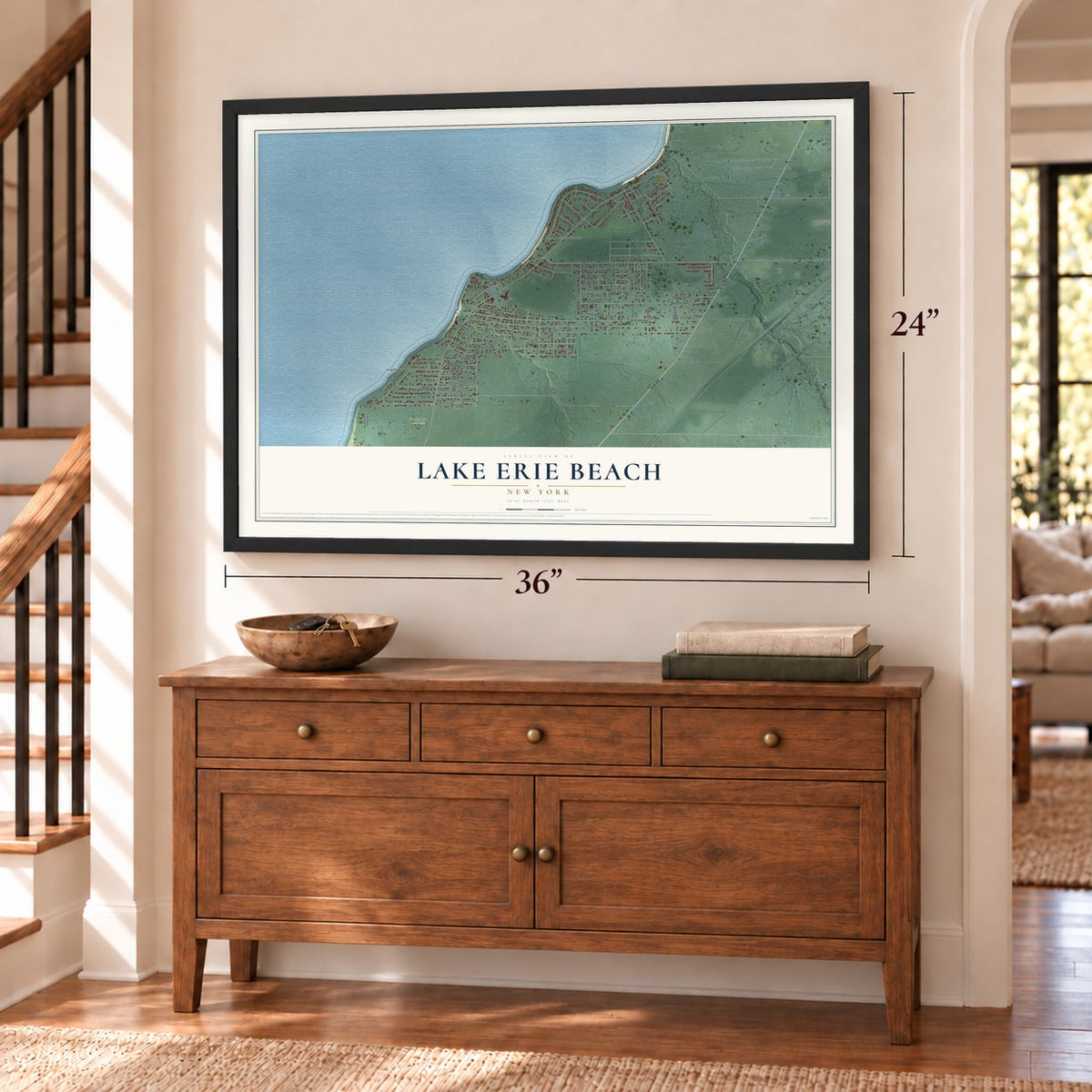 Lake Erie Beach, New York map, 24 x 36 inch print in a black frame above a dresser by a staircase