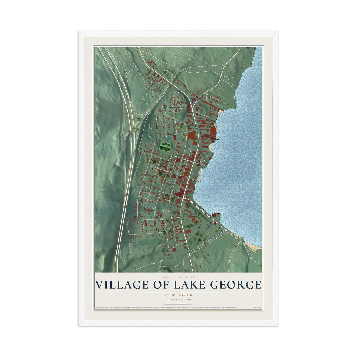 Lake George, New York map print, 12" x 18" W/ White Ayous Wood Frame mockup