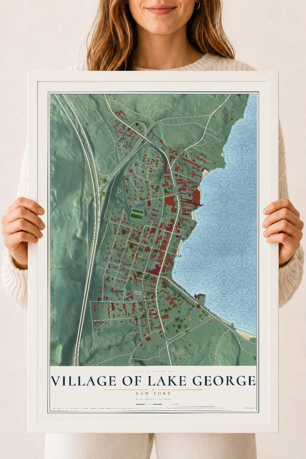 Lake George, New York map print, 18" x 24" W/ White Ayous Wood Frame mockup