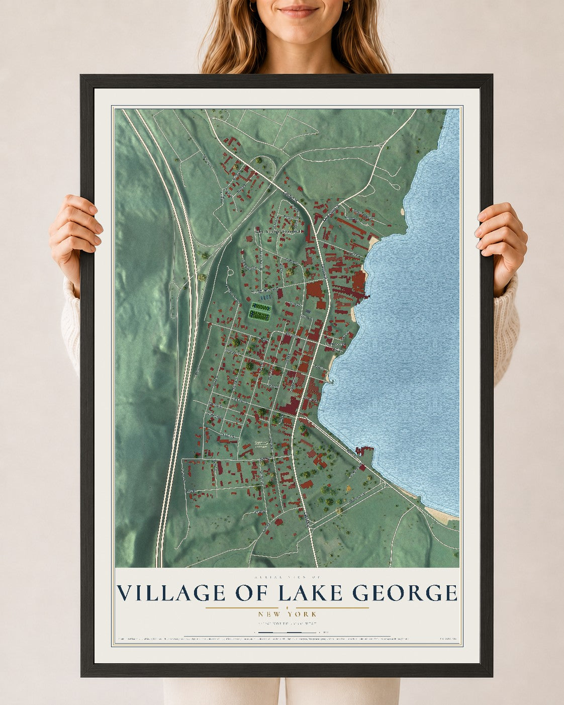 Lake George, New York map print, 24" x 36" W/ Black Ayous Wood Frame mockup