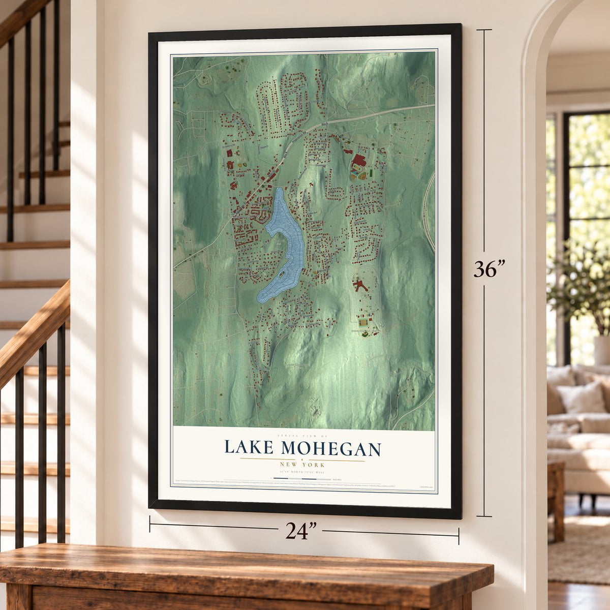 Lake Mohegan, New York map, 24 x 36 inch print in a black frame by a staircase