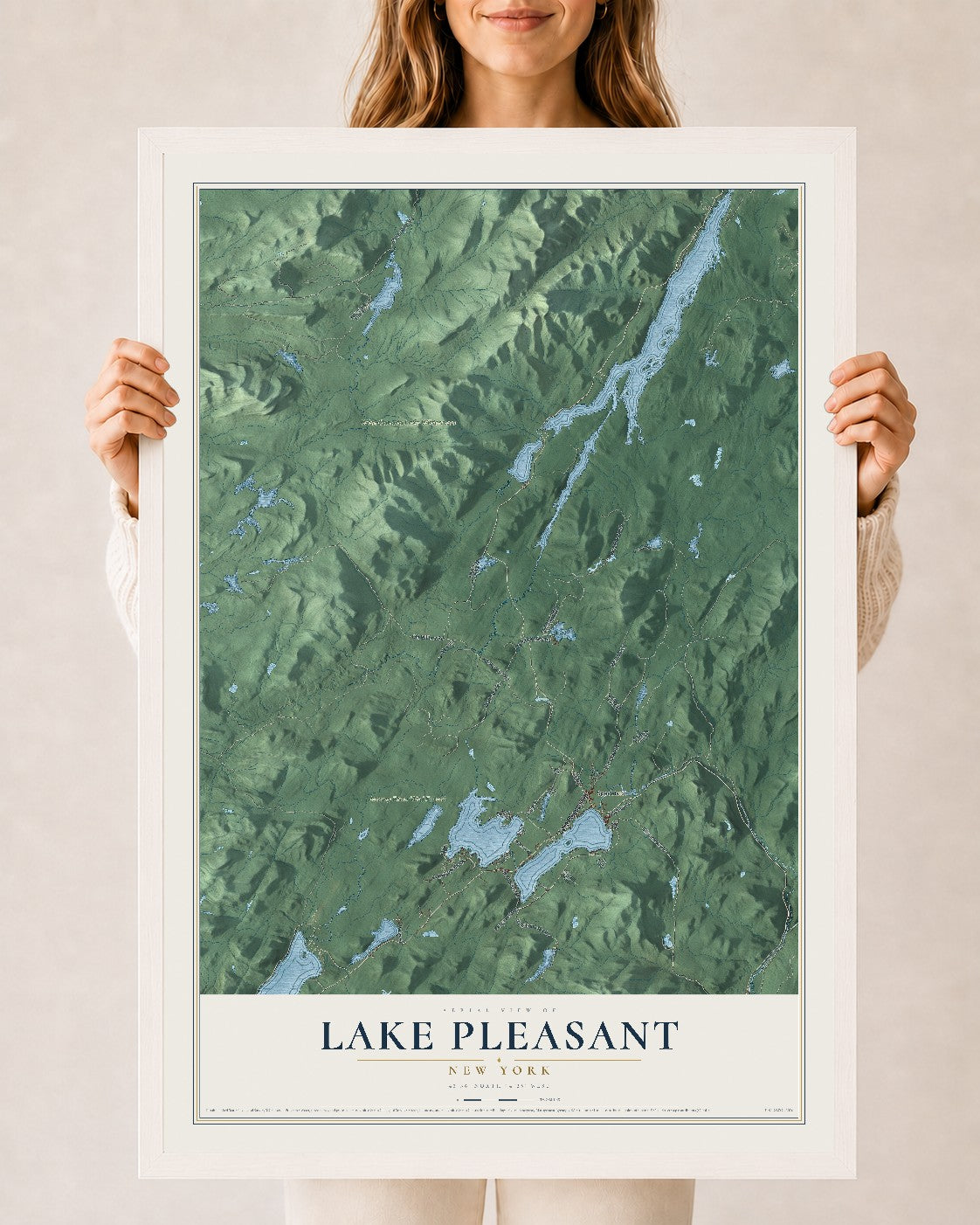 Lake Pleasant, New York map print, 24" x 36" W/ White Ayous Wood Frame mockup