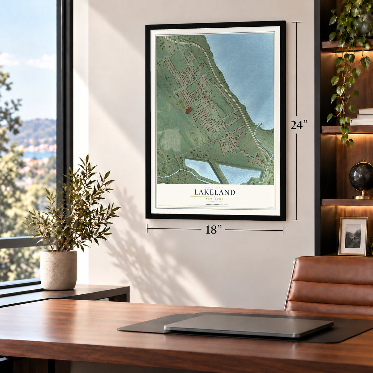 Lakeland, New York map, 18 x 24 inch print in a black frame in a home office