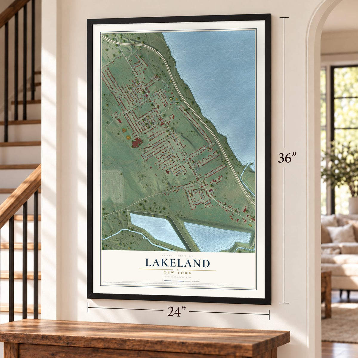 Lakeland, New York map, 24 x 36 inch print in a black frame by a staircase