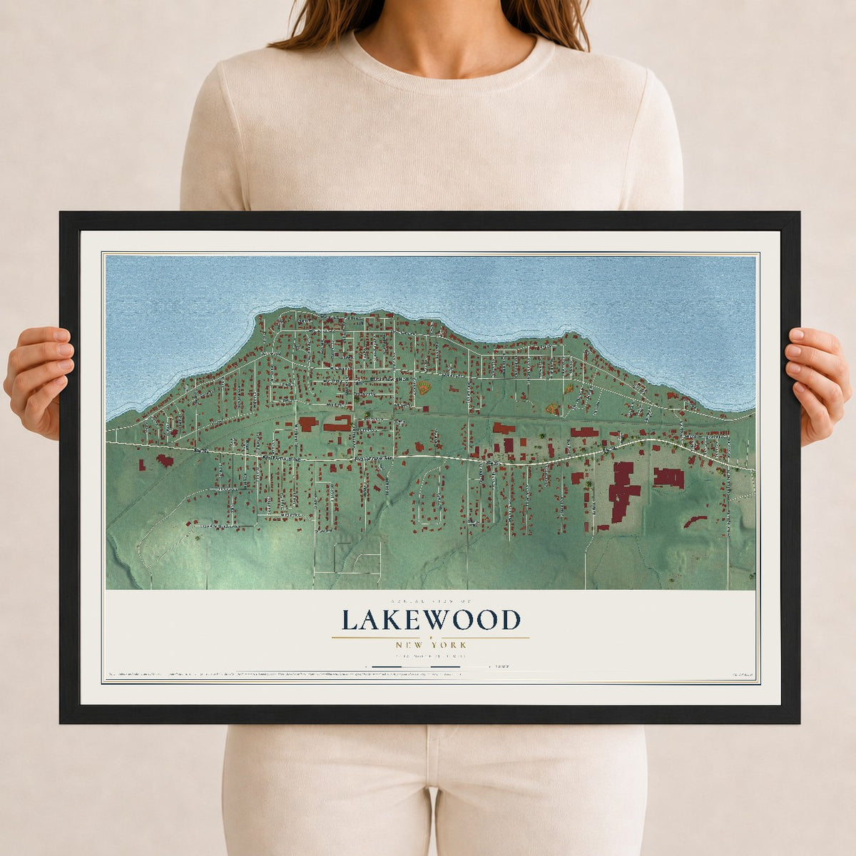 Lakewood, New York map print, 12" x 18" W/ Black Ayous Wood Frame mockup