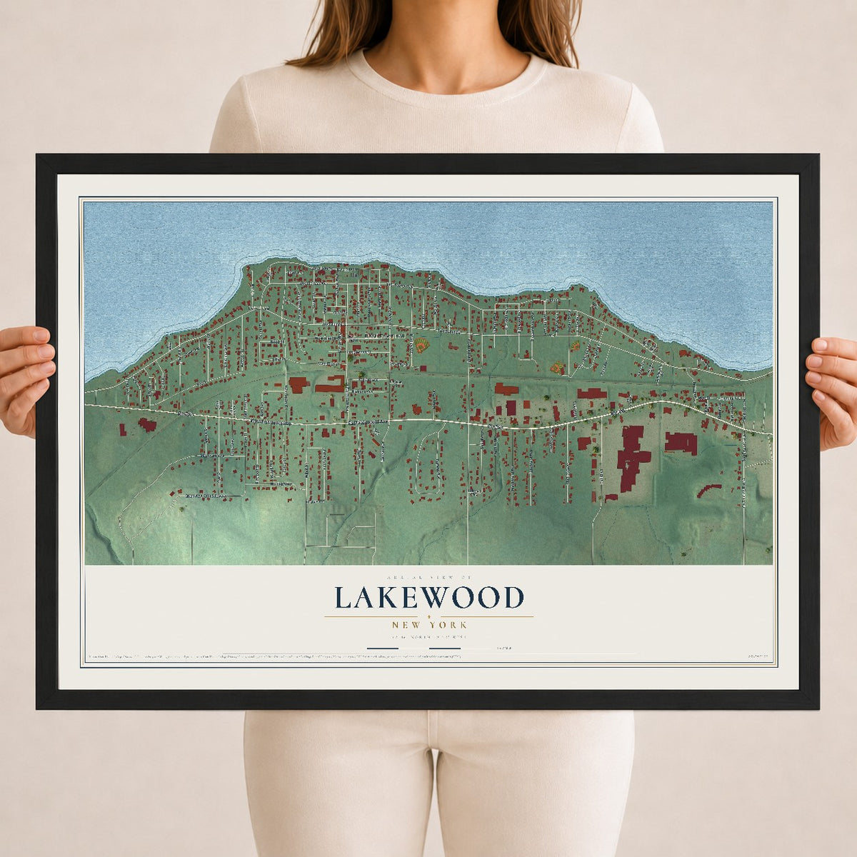 Lakewood, New York map print, 18" x 24" W/ Black Ayous Wood Frame mockup