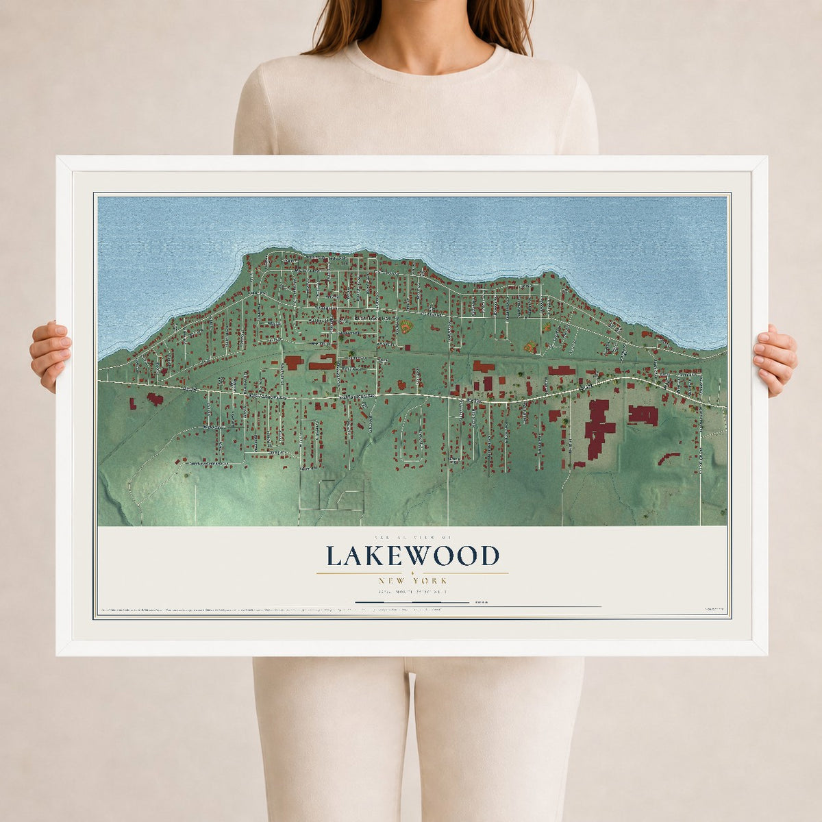 Lakewood, New York map print, 24" x 36" W/ White Ayous Wood Frame mockup