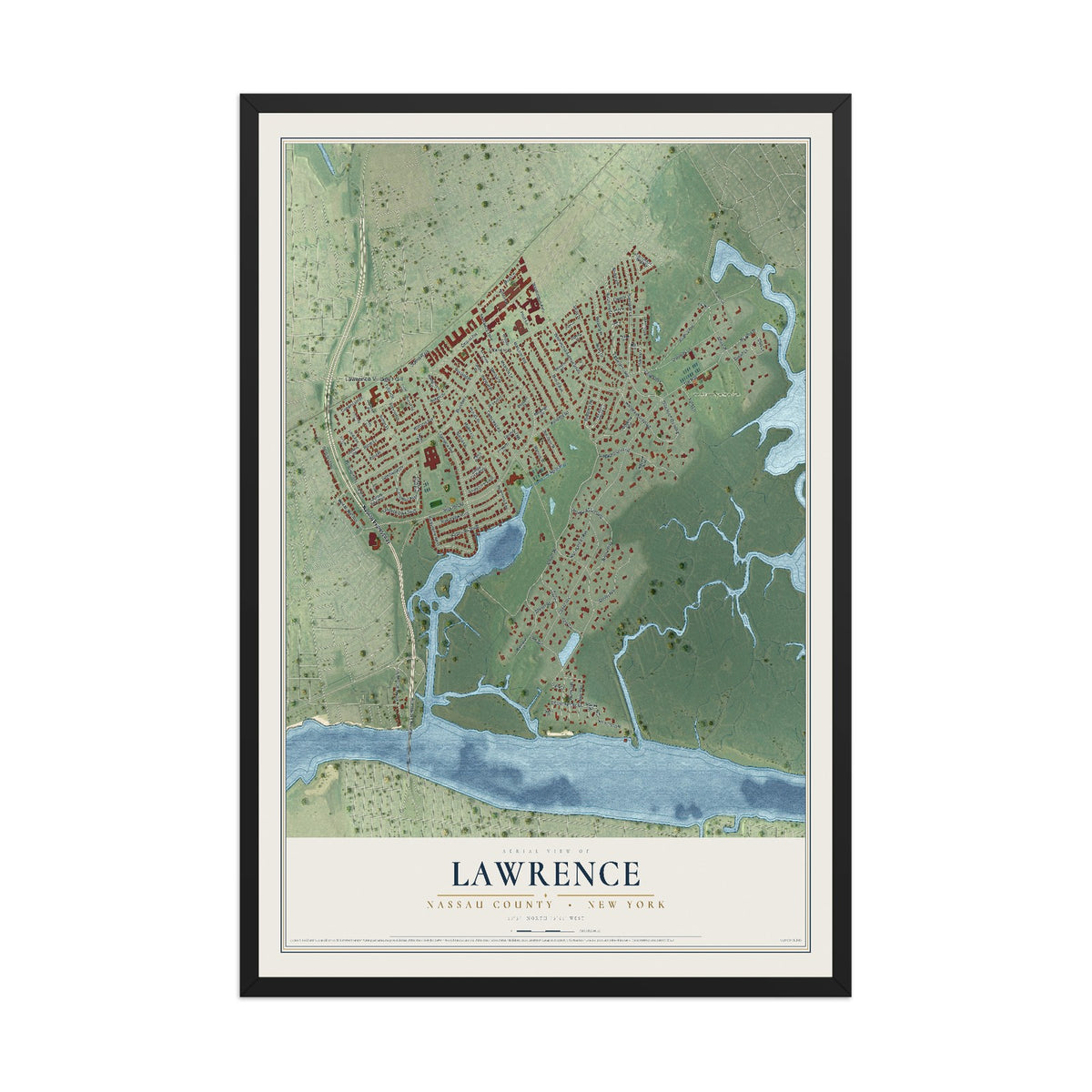 Lawrence, New York map print, 12" x 18" W/ Black Ayous Wood Frame mockup
