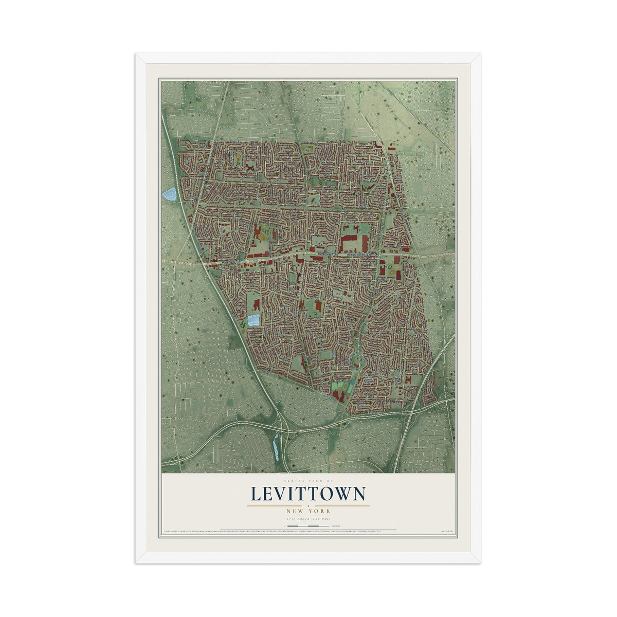 Levittown, New York map print, 12" x 18" W/ White Ayous Wood Frame mockup