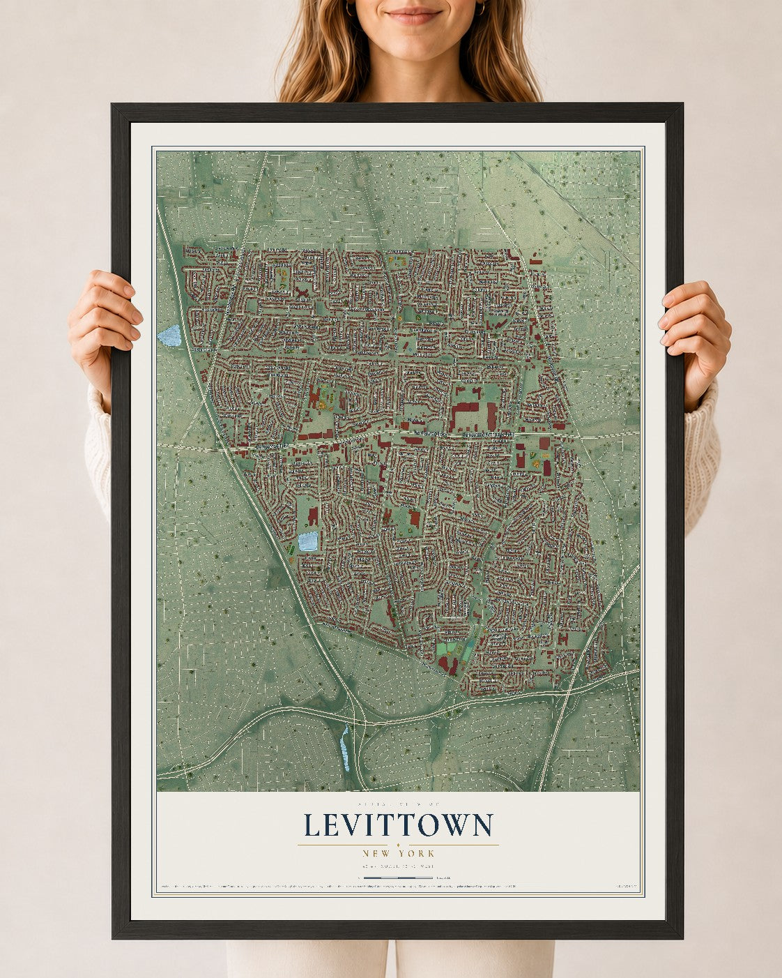Levittown, New York map print, 24" x 36" W/ Black Ayous Wood Frame mockup
