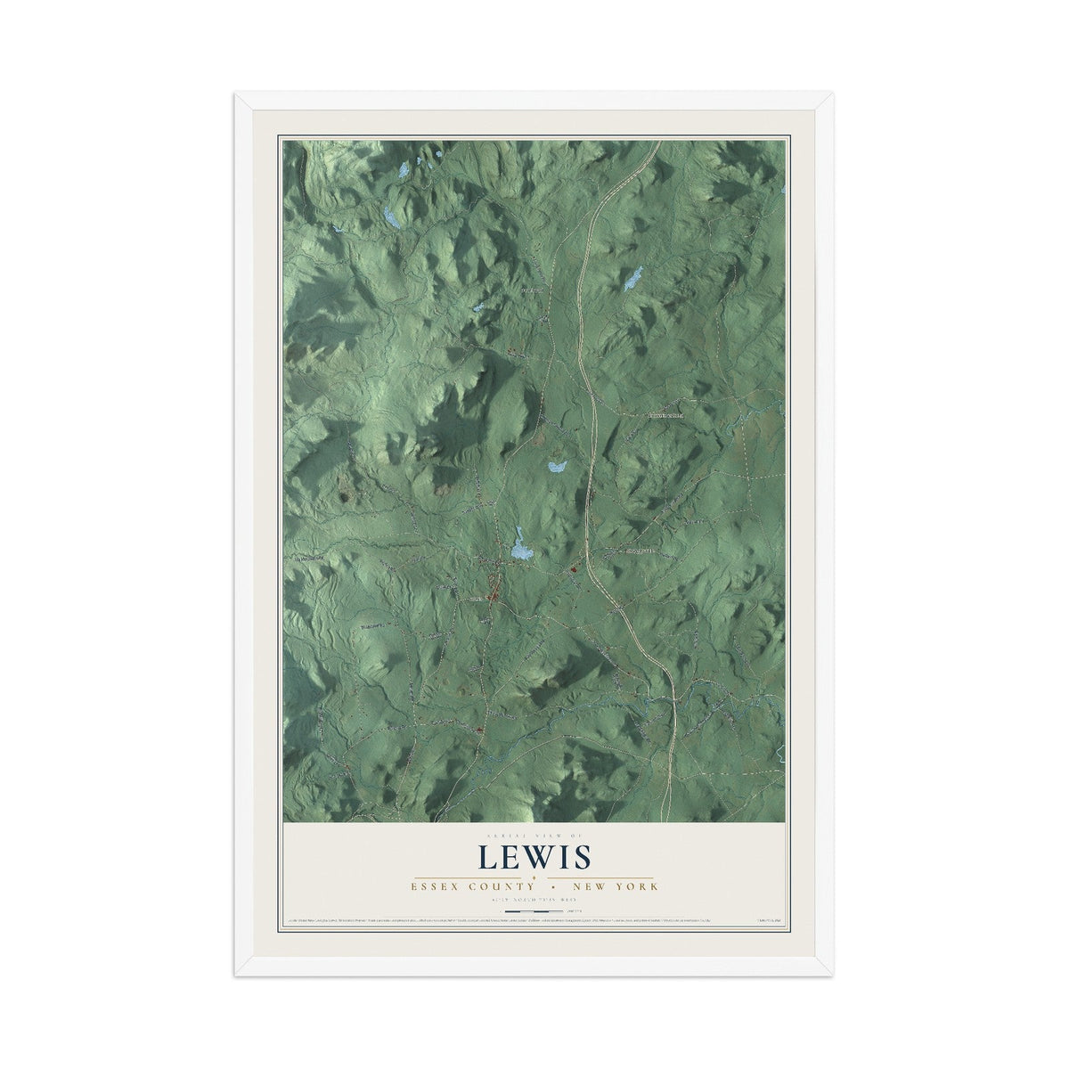 Map of Lewis, Essex County, New York, 12 x 18 inch print in a white wood frame