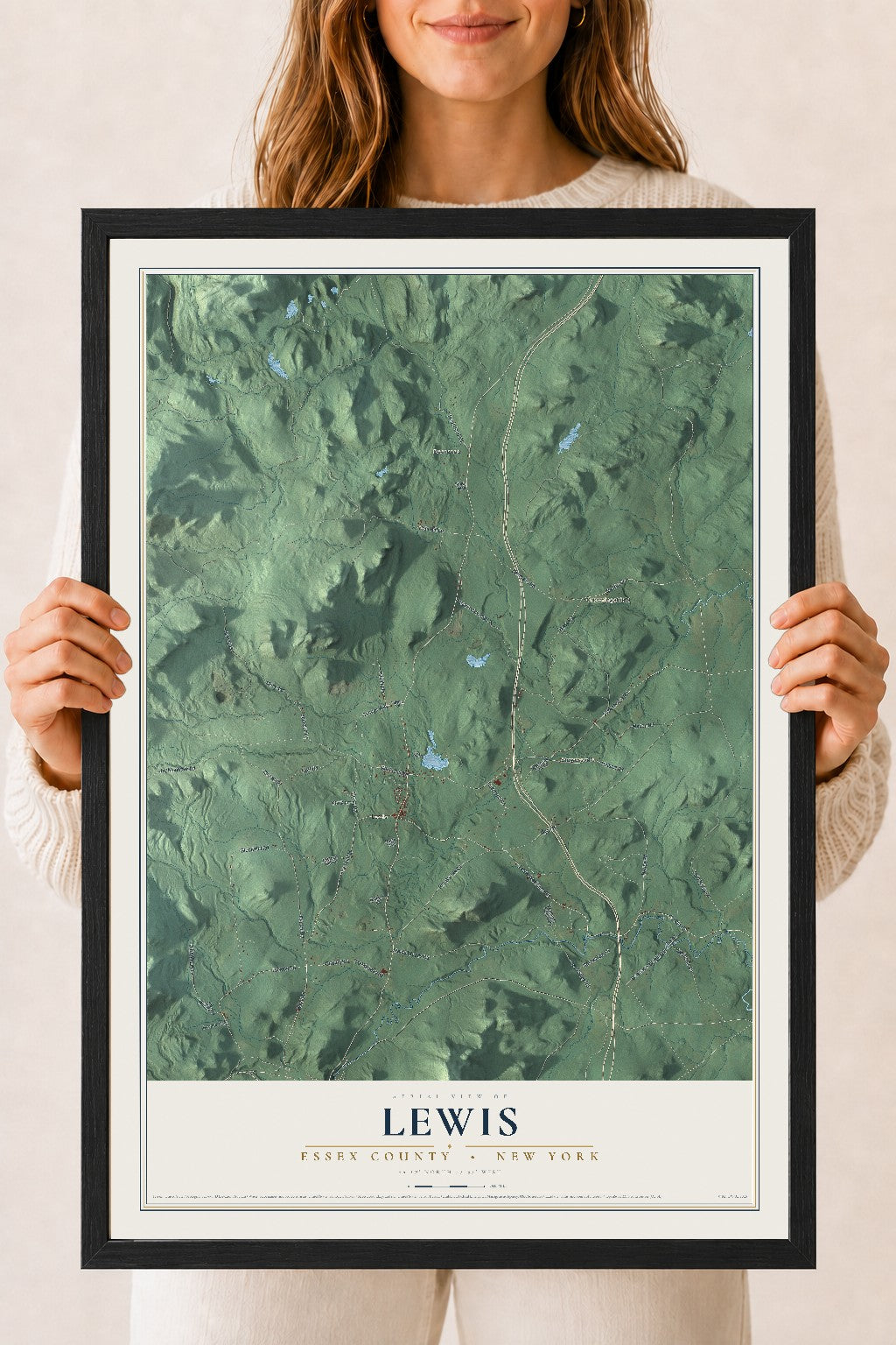Map of Lewis, Essex County, New York, 18 x 24 inch print in a black wood frame