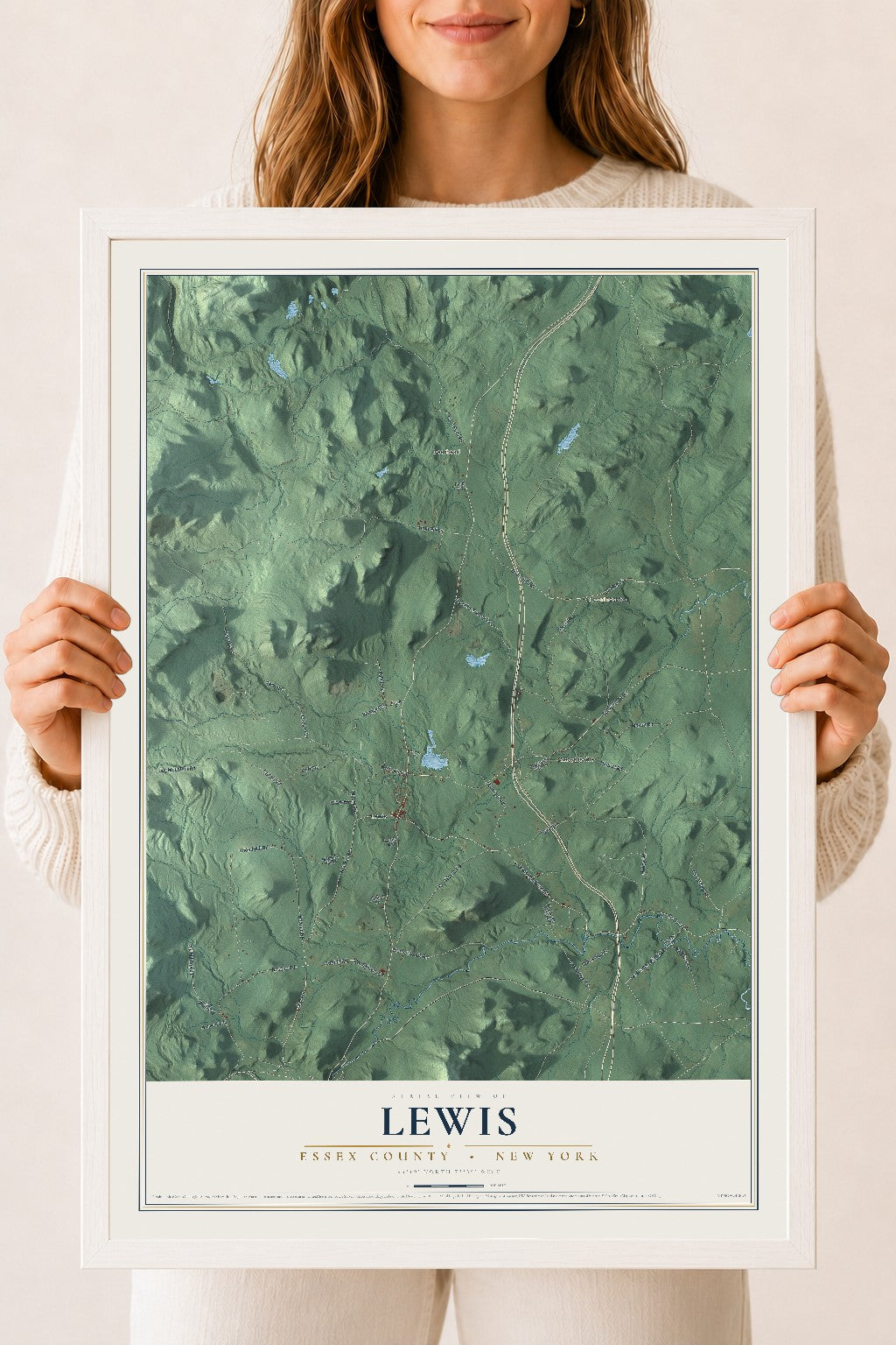 Map of Lewis, Essex County, New York, 18 x 24 inch print in a white wood frame