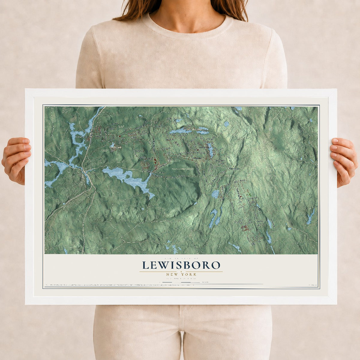 Map of Lewisboro, New York, 12 x 18 inch print in a white wood frame