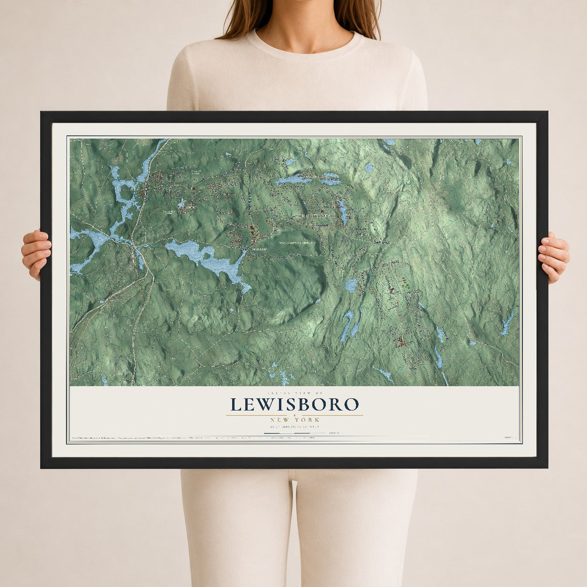 Map of Lewisboro, New York, 24 x 36 inch print in a black wood frame