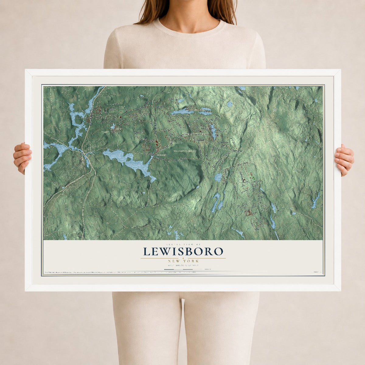 Map of Lewisboro, New York, 24 x 36 inch print in a white wood frame