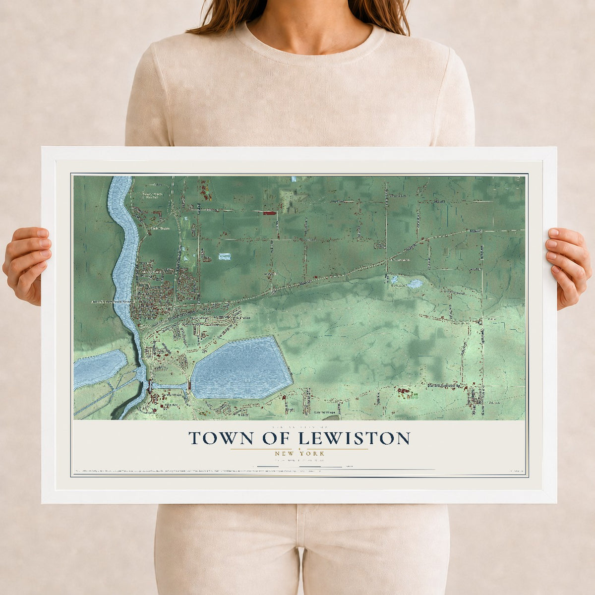 Lewiston, New York map print, 12" x 18" W/ White Ayous Wood Frame mockup