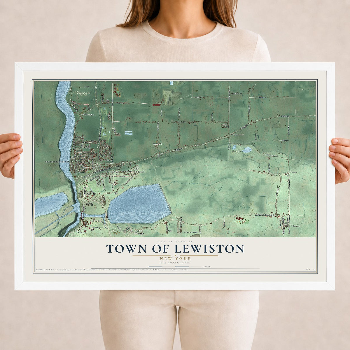 Lewiston, New York map print, 18" x 24" W/ White Ayous Wood Frame mockup