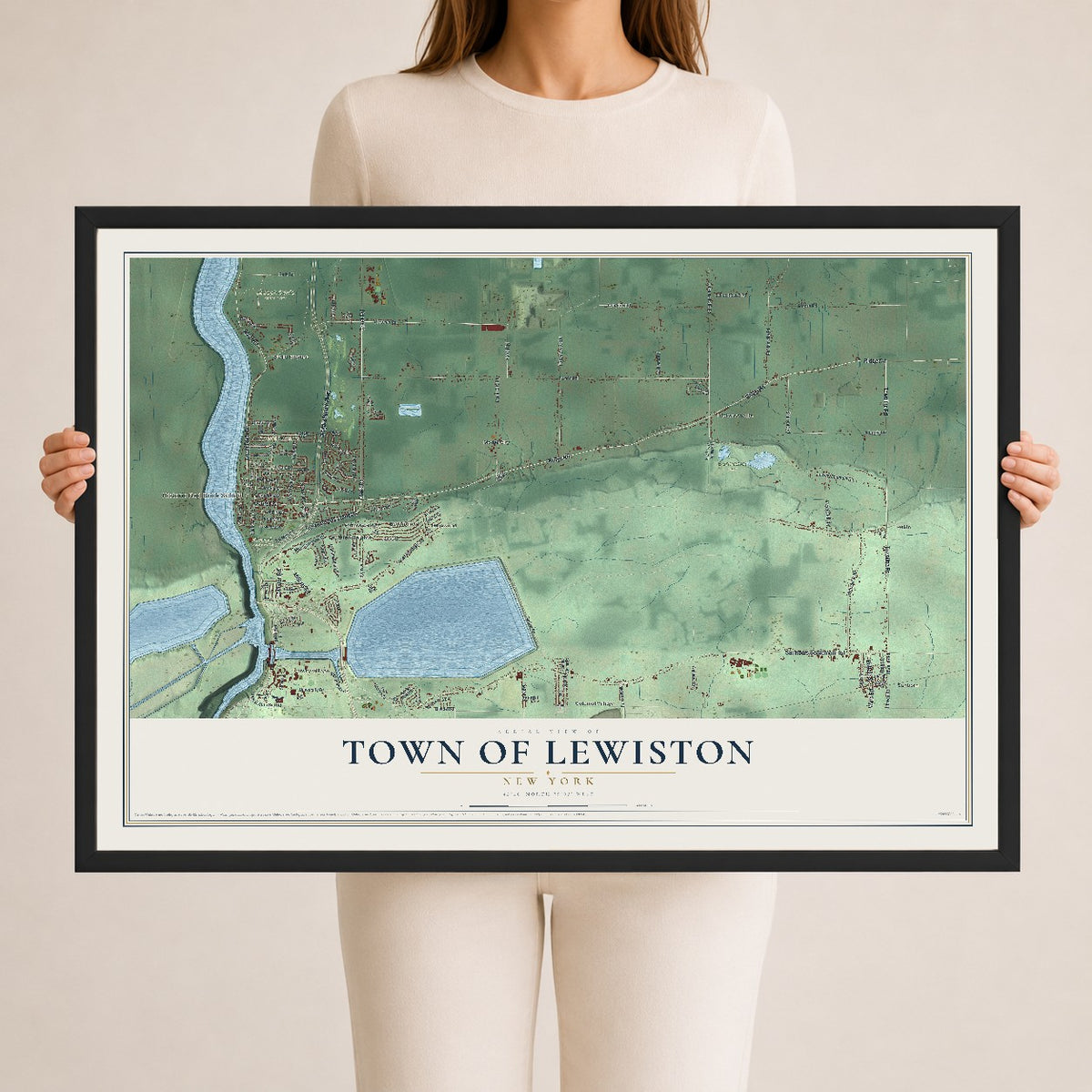 Lewiston, New York map print, 24" x 36" W/ Black Ayous Wood Frame mockup