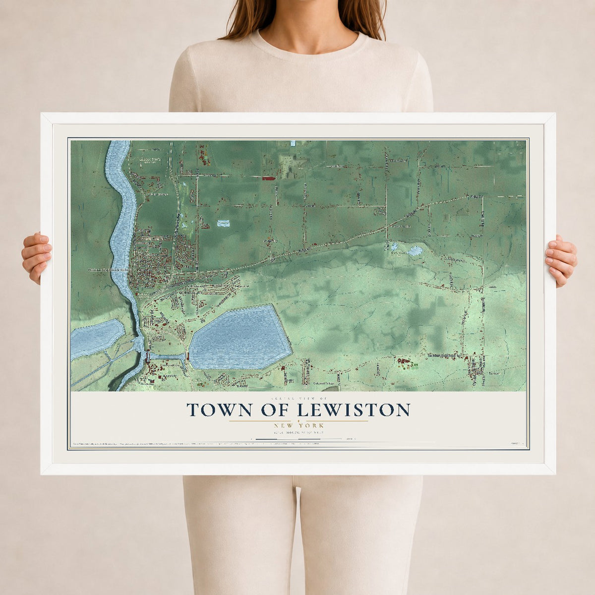 Lewiston, New York map print, 24" x 36" W/ White Ayous Wood Frame mockup