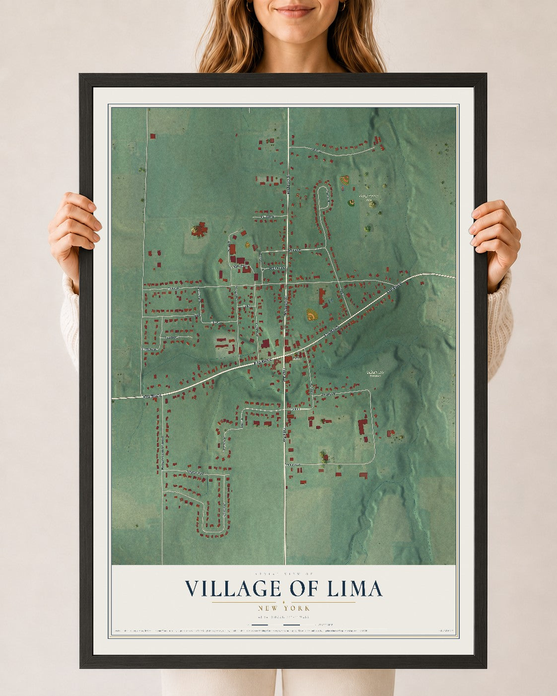 Lima, New York map print, 24" x 36" W/ Black Ayous Wood Frame mockup