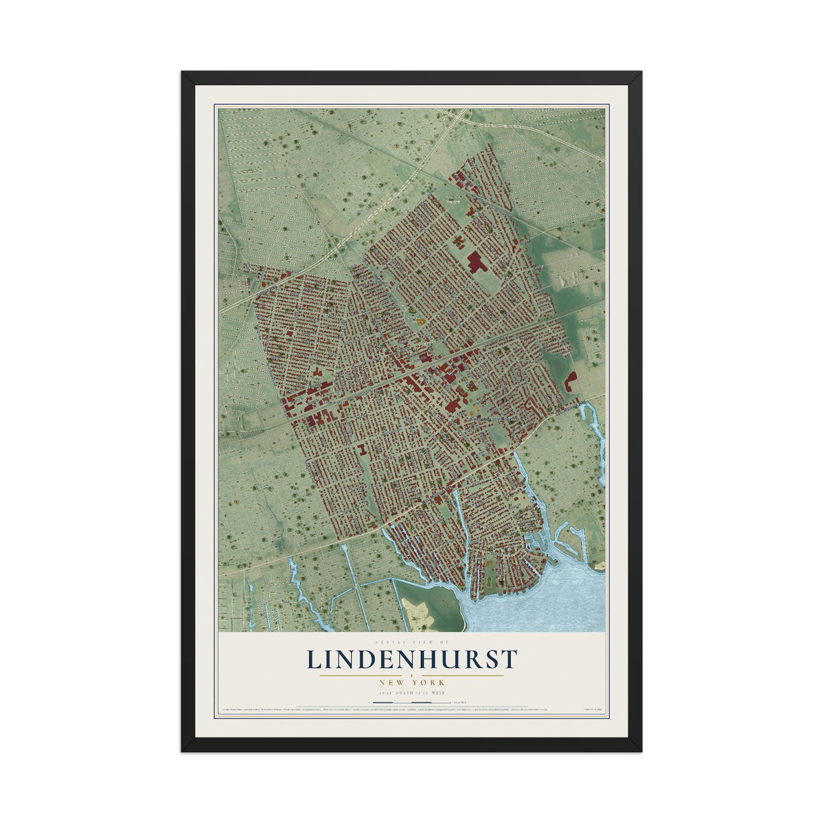 Lindenhurst, New York map print, 12" x 18" W/ Black Ayous Wood Frame mockup