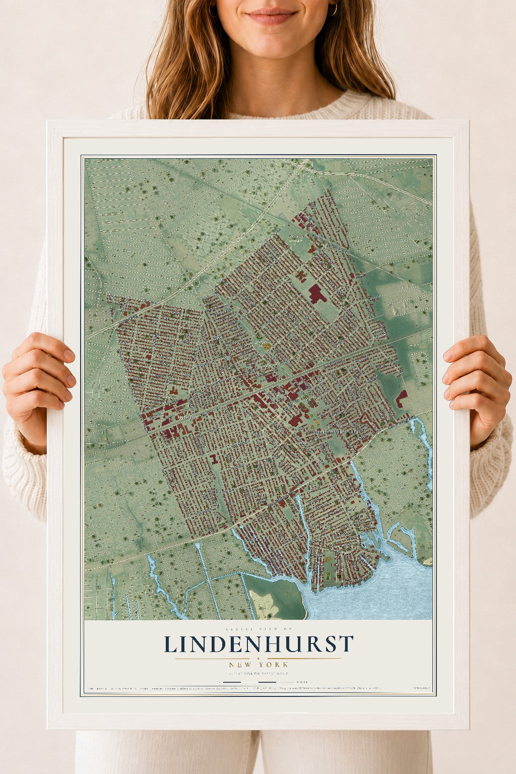Lindenhurst, New York map print, 18" x 24" W/ White Ayous Wood Frame mockup