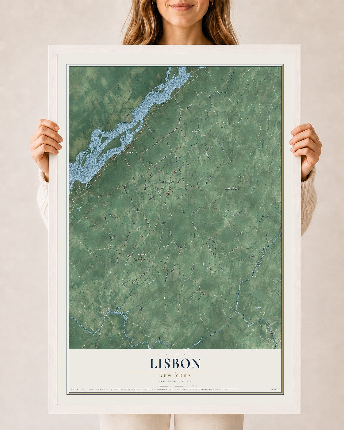 Map of Lisbon, New York, 24 x 36 inch print in a white wood frame
