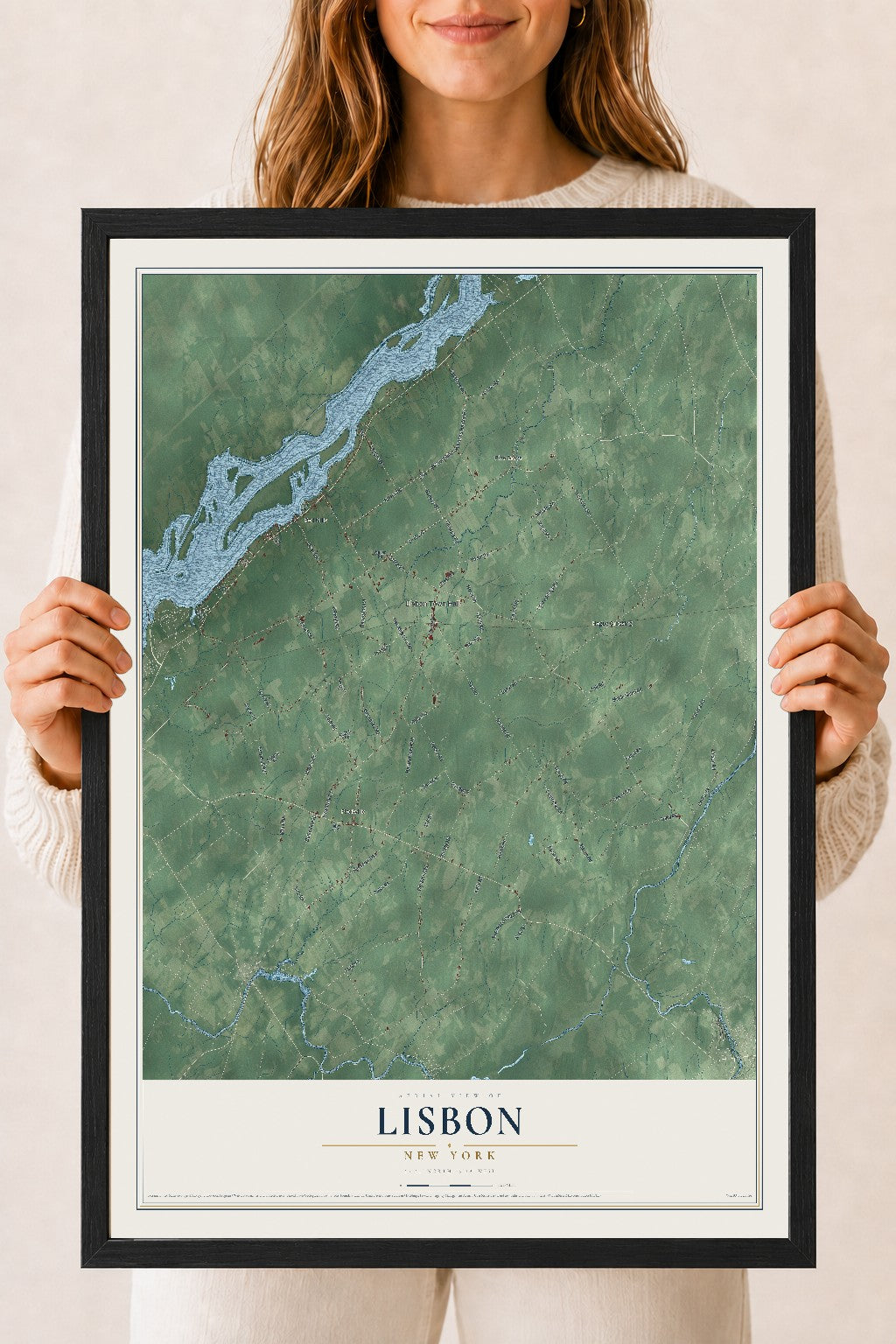 Lisbon, New York map print, 18" x 24" W/ Black Ayous Wood Frame mockup
