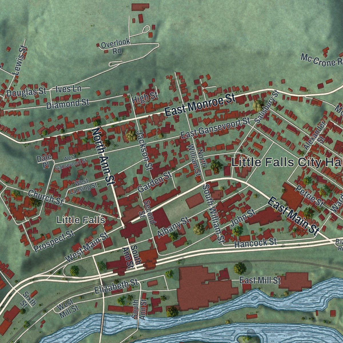 Close-up of the map of the City of Little Falls, Herkimer County, New York print showing street and building detail