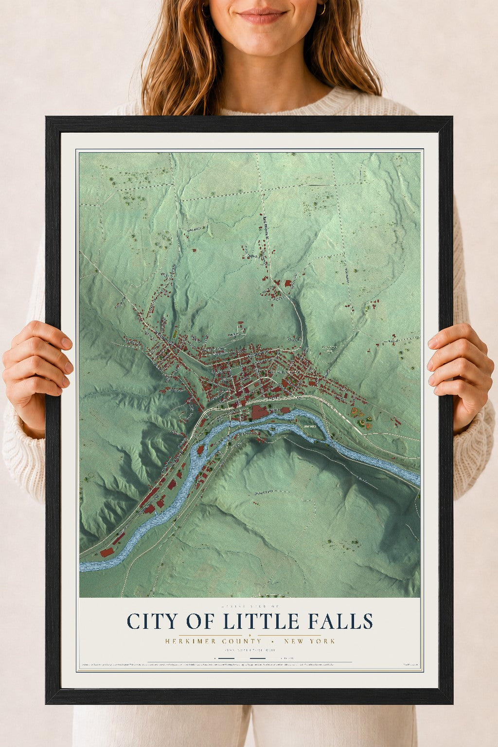 Map of the City of Little Falls, Herkimer County, New York, 18 x 24 inch print in a black wood frame