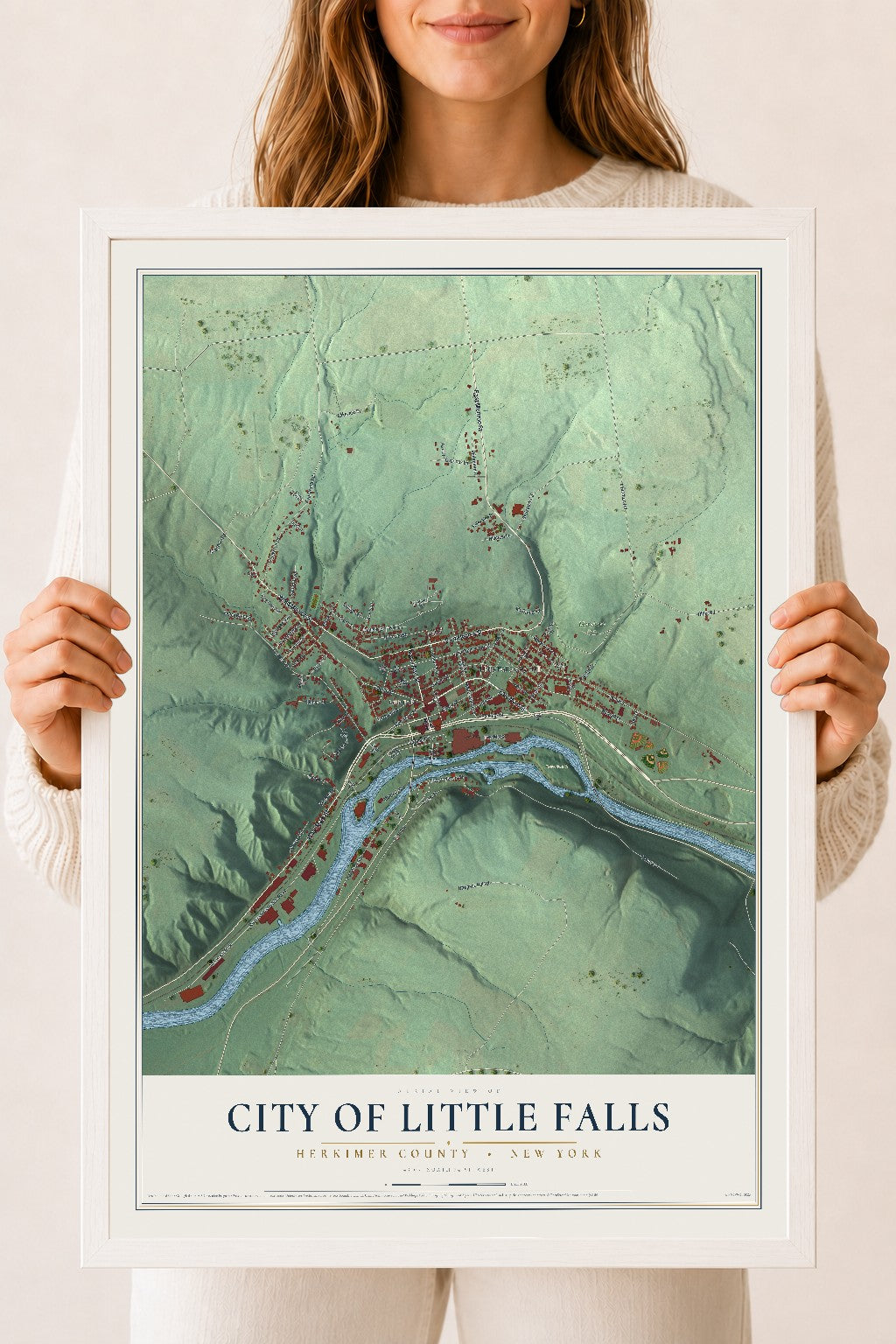 Map of the City of Little Falls, Herkimer County, New York, 18 x 24 inch print in a white wood frame