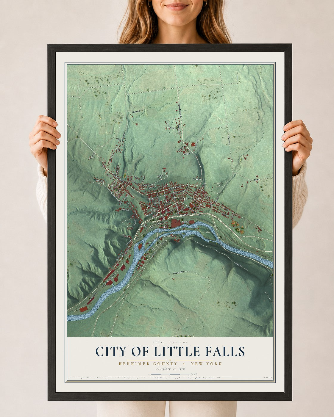 Map of the City of Little Falls, Herkimer County, New York, 24 x 36 inch print in a black wood frame