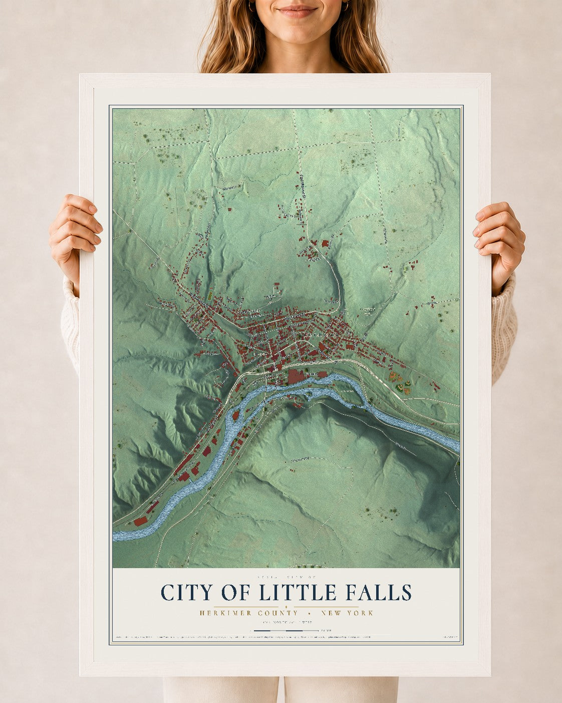 Map of the City of Little Falls, Herkimer County, New York, 24 x 36 inch print in a white wood frame