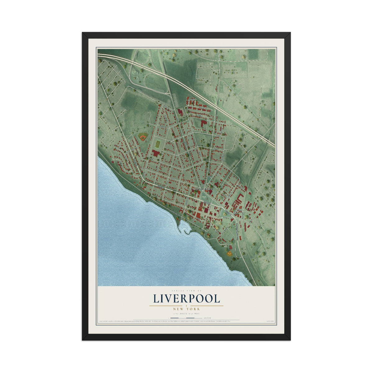 Liverpool, New York map print, 12" x 18" W/ Black Ayous Wood Frame mockup