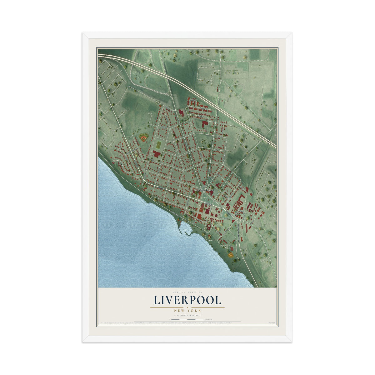 Liverpool, New York map print, 12" x 18" W/ White Ayous Wood Frame mockup